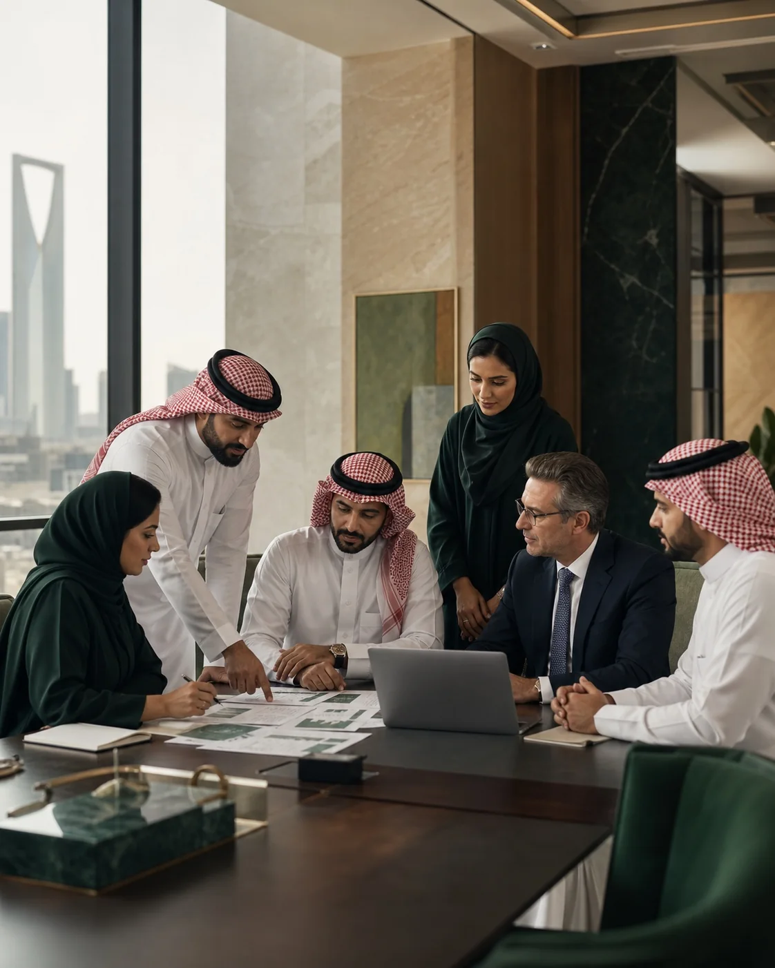 Saudi client leaders and consultants collaborating during a strategic transformation workshop